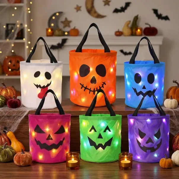 LED Halloween Pumpkin Candy Bucket Set, Reusable Non-Woven Trick-or-Treat Bags, Kids’ Party Favor Gifts, Home Garden Night Light Decor,back to school,back to school haul