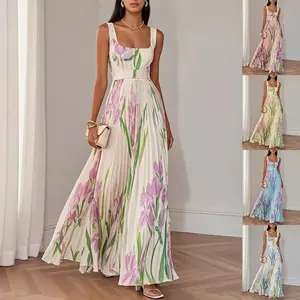 Floral Print Pleated Dress Summer A-Line Sleeveless Midi Dresses Women's Clothing