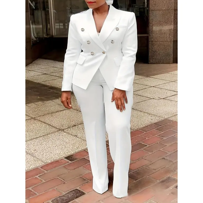 Women's Elegant-Waist Blazer and Pants Set - Solid Color, Double-Breasted, Long Sleeve, Polyester/Spandex Blend Collar White Womenswear Suits Chic Fitted tracksuits men