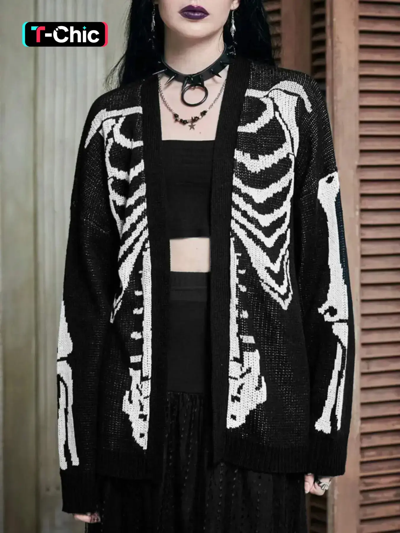 Women's Skeleton Print Drop Shoulder Knitted Cardigan, Casual Style Knitting Long Sleeve Open Front Knitwear for Fall & Winter, Women's Clothing for Daily Wear Cardigans for Women, Halloween, Knitting Sweater Cardigan