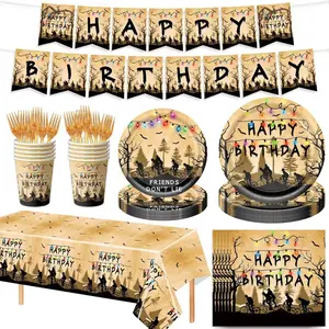 New 9-Piece Retro Stranger Things Party Disposable Tableware Set, Paper Plates Napkins Tablecloth Knife Fork Spoon Paper Cup, Perfect for Parties
