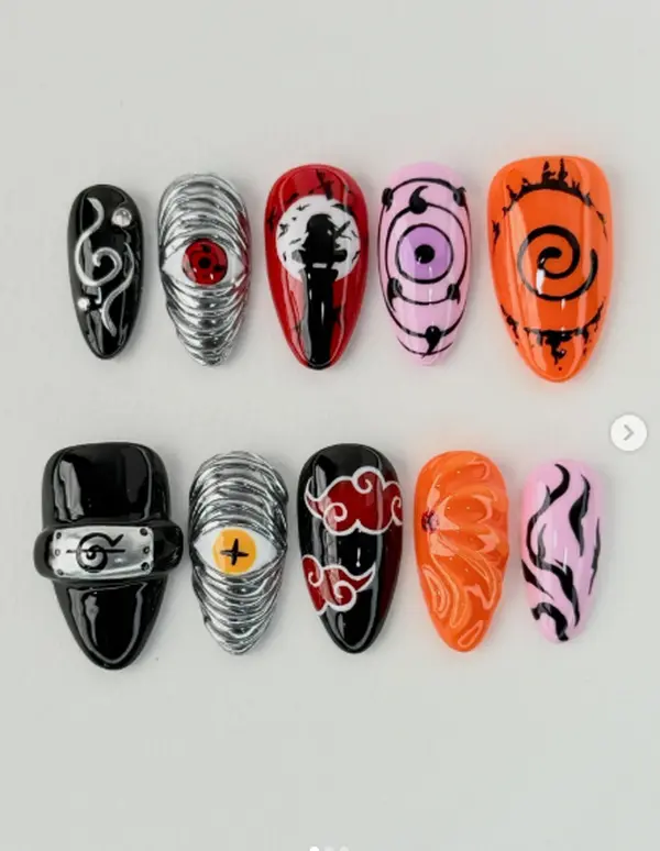 Anime Ninja Press On Nails, Black Orange Pink 3D Mismatched Set, Eye Symbol Gothic Cosplay Nail Art Gift