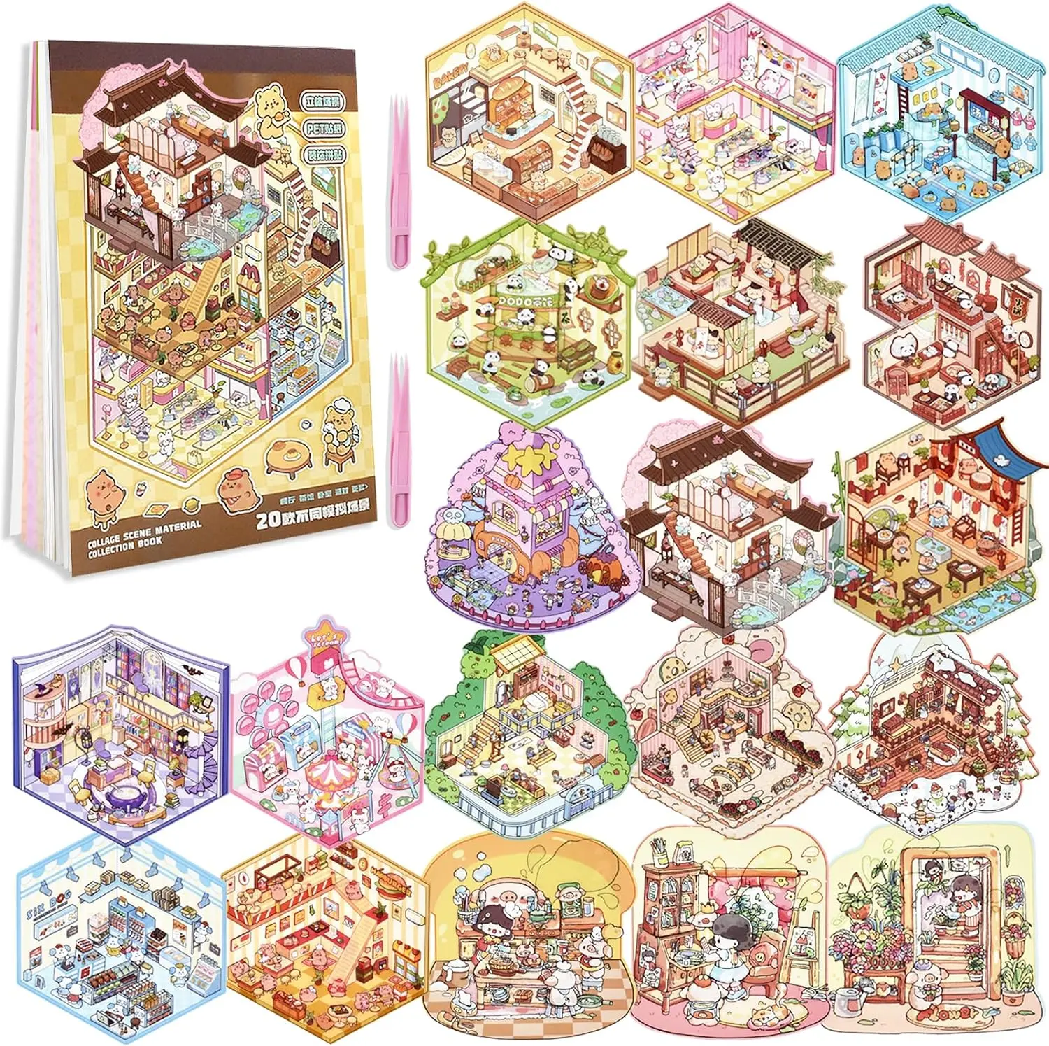 20 Sets DIY 3D Sticker Scene Collection Book DIY 3D House Stickers