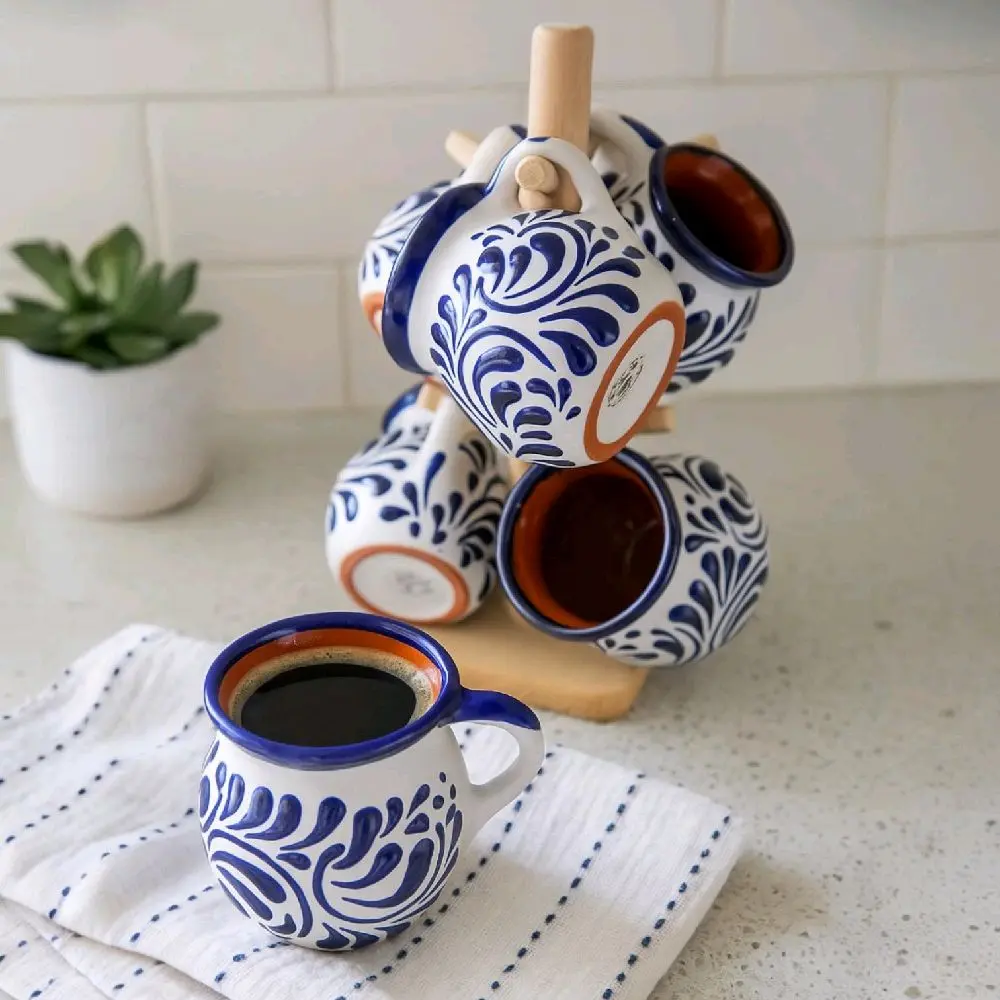 Handcrafted Talavera Mug (Set of 6) With Stand | Cobalt Blue & White Color