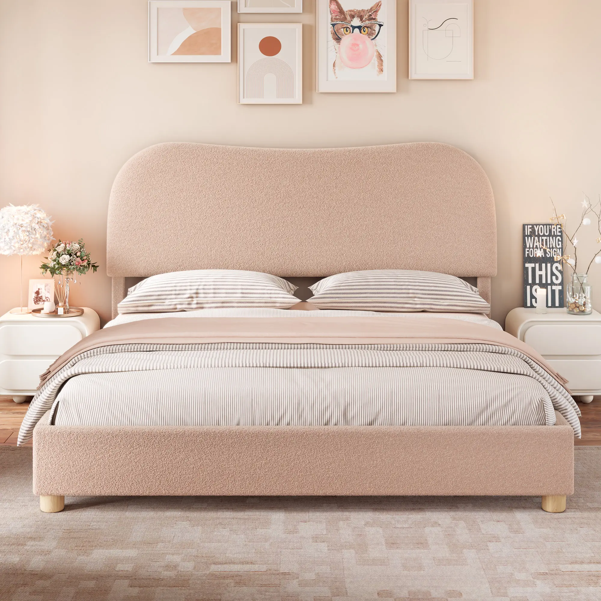 [SummerSale] ALBOTT Boucle Upholstered Low Profile Platform Bed Frame,Curved Adjustable Headboard, Fluffy Boucle Fabric, Soft Rounded Corners, Noise-Free, No Box Spring Needed, Easy to Assemble, Contemporary Style