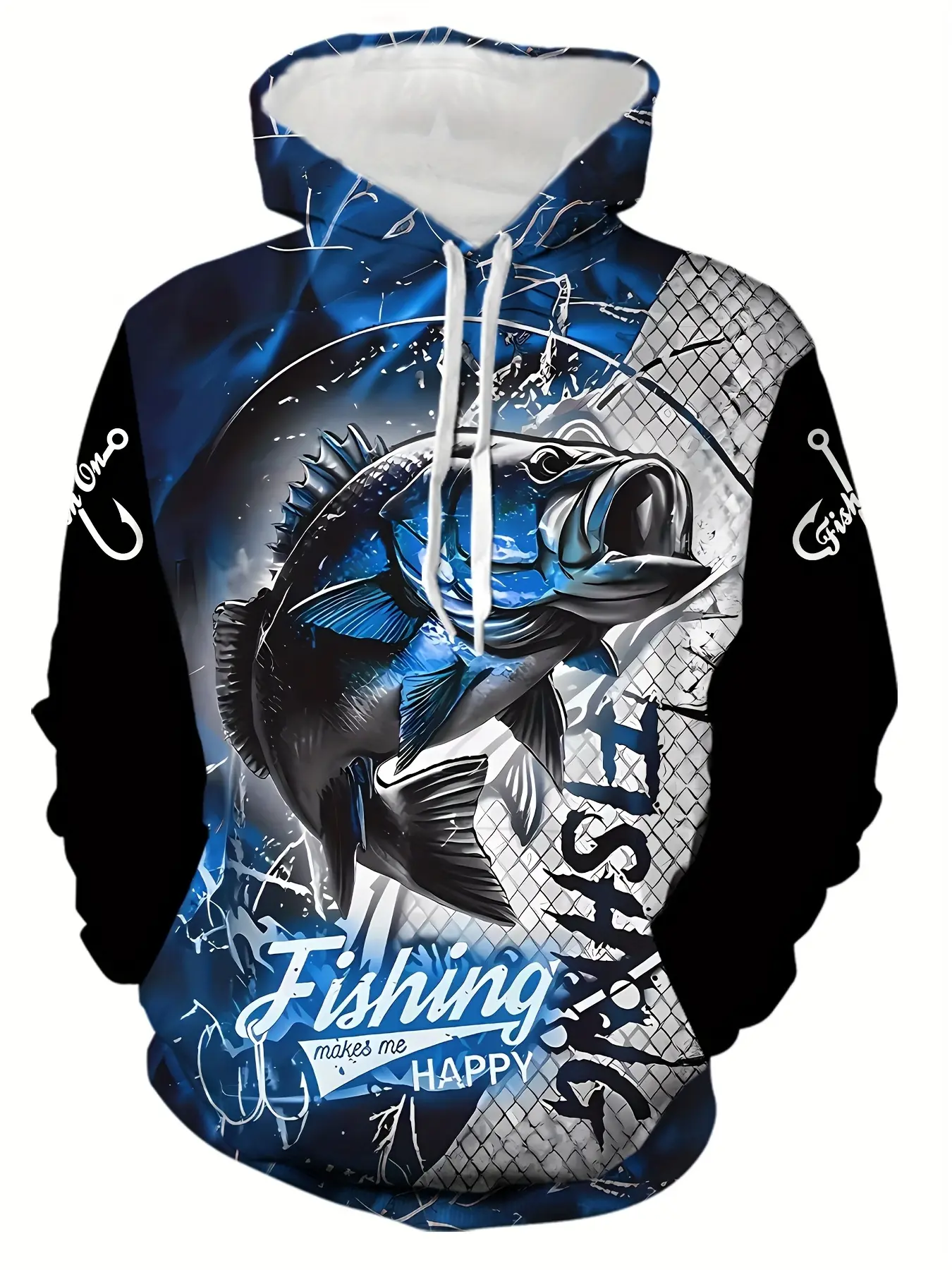 Men's Hoodie Sweatshirts with Blue-Black Fishing Print, Outdoor Casual Fishing Style, Long Sleeve