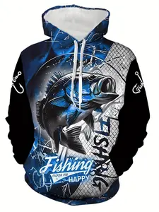 Men's Hoodie Sweatshirts with Blue-Black Fishing Print, Outdoor Casual Fishing Style, Long Sleeve