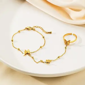 18K Gold Plated Hand Chain Bracelets - Waterproof Multicolor Heart Design Golden Butterfly Charm Evil Eye Adjustable Ring Bracelet Lightweight Durable Perfect for Every Occasion