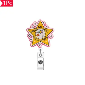 1PC Funny Duck Fun Slogan Telescopic Easy Pull Buckle Nurse Retractable Badge Reel Badge Buddy Nursing "World's Best Silly Goose" Star Shaped Sparkling Pink Chest Card Buckle Workplace ID Card, Gift for Nurses, Doctors, Medical Workers, Festivals