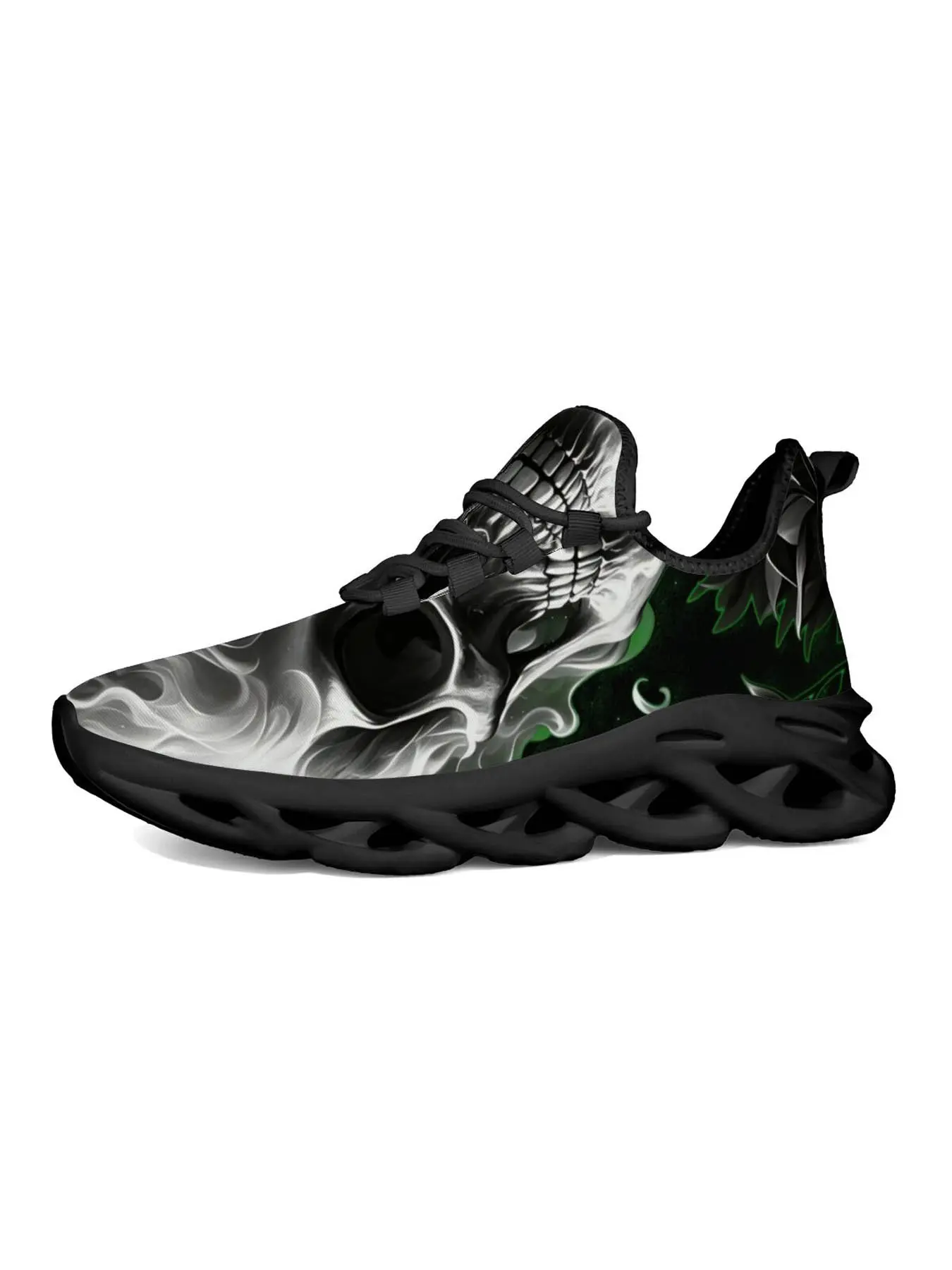 Men's Dark Flame Print Sneakers, Streetwear Style, Hollow Out Shock Absorption, Gothic Punk Art, Trendy for Young Adults