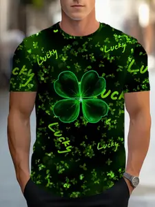 Men's Four-Leaf Clover Lucky Number Digital Print Casual Letters Print T-Shirt, Streetwear Casual Fitted Long Sleeve Tee, All Seasons Fashion, All over Print