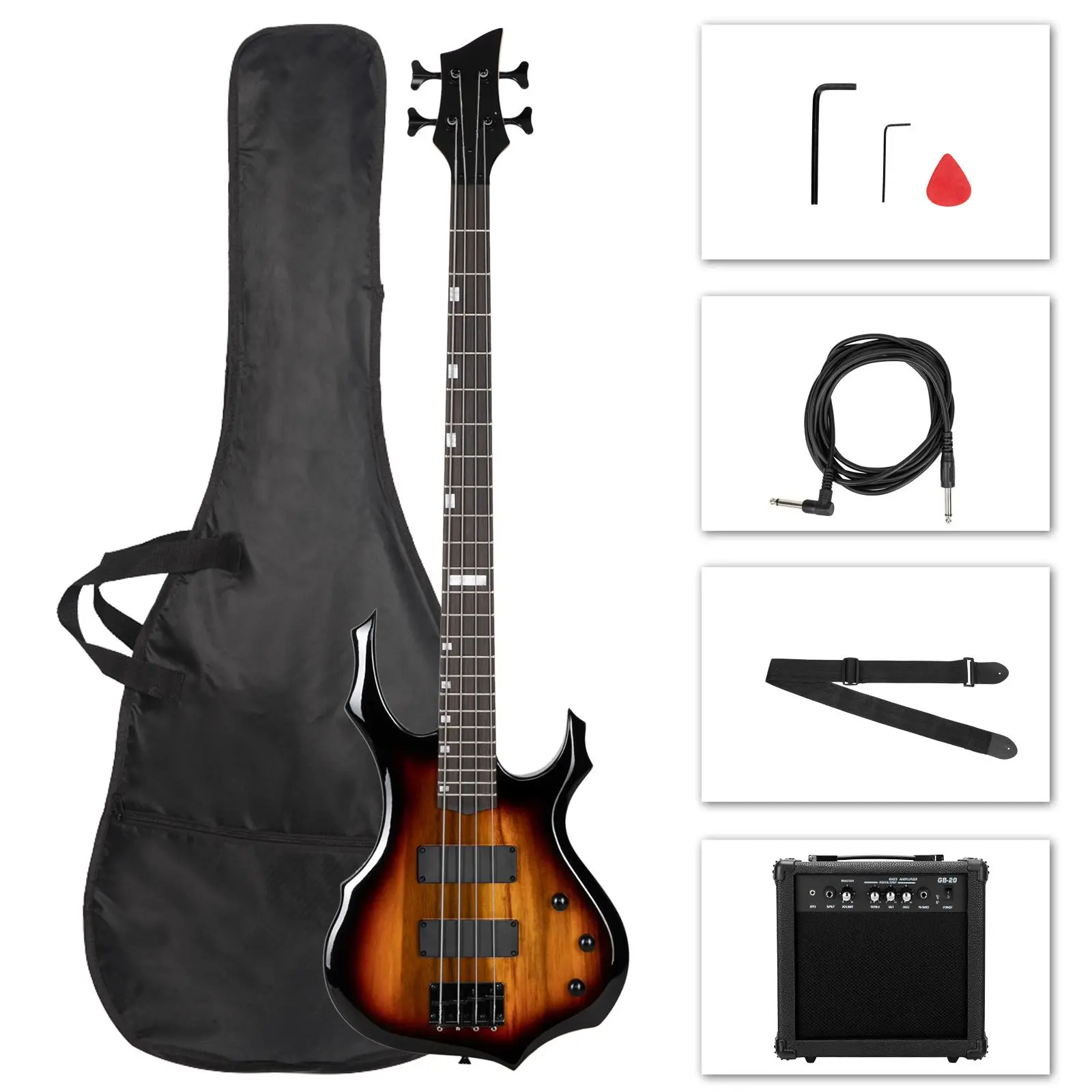 Ktaxon Burning Fire Electric Bass Guitar HH Pickups w/ 20W Amplifier - White, Burlywood, Red, Black, Sunset