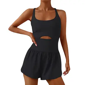 Women’s solid-color sleeveless sports jumpsuit/tracksuit with crisscross backless design and matching shorts for summer; sporty fitness outfit GARMENTARY