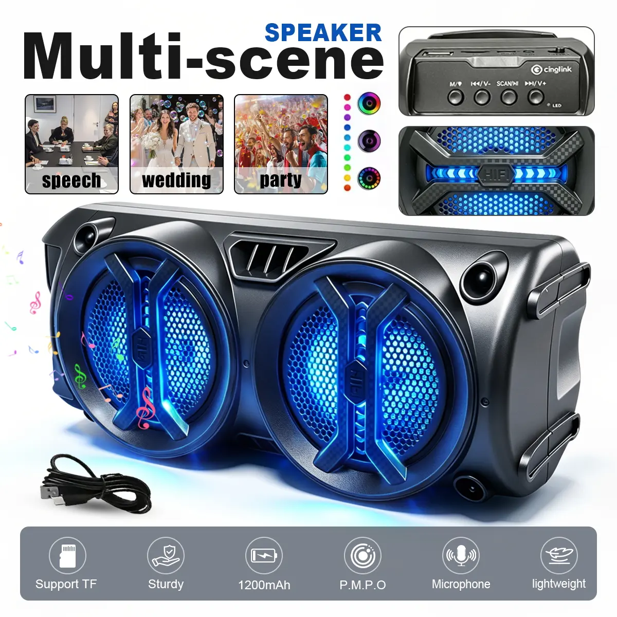 Wireless Wireless Speaker, Portable Subwoofer with RGB Lighting Effects, Dual  Woofers, 1200 Mah Battery, Suitable for Home Parties, Karaoke, Recommended Gift for Easter, Juneteenth And Father'S Day