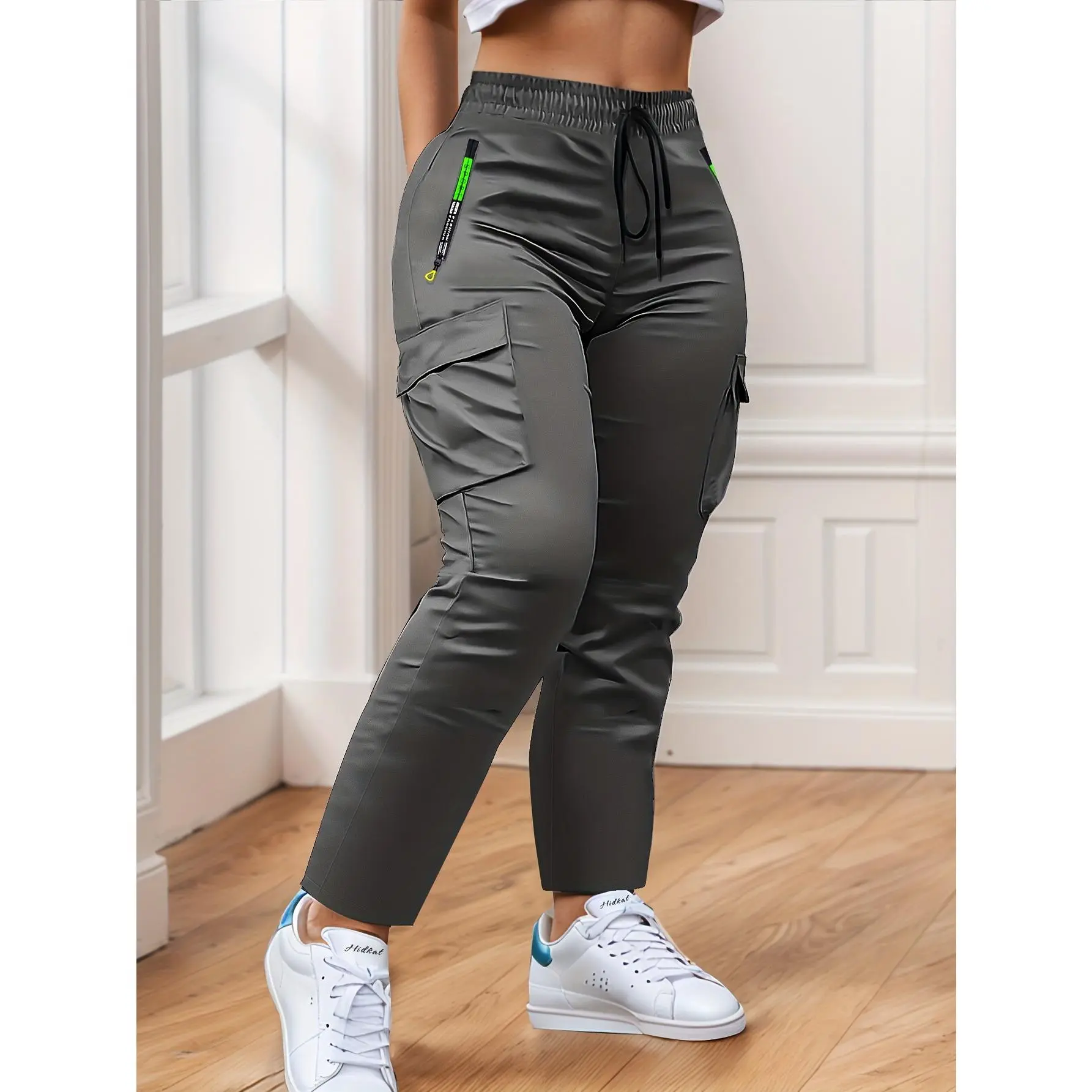 NEWWomen's Heavy-Duty Cargo Pants with Multi-Zipper Pockets & Neon Green Accents – Full-Length Trousers for Outdoor, Travel & Casual Wear in Spring/Fall Seasons – Belt-Style Waist Drawstring and Non-Slip Leg Construction