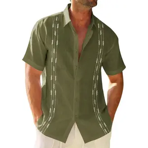 PASLTER Mens Linen Shirt Guayabera Cuban Short Sleeve Button Down Cotton Summer Beach Hippie Shirts Casual Kurta Menswear