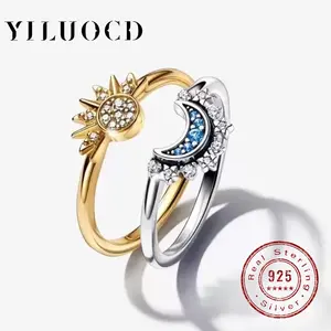 925 Silver Color Sun and Moon  Couple Ring Set Sky Blue Sparkling Cubic Zirconia Rings Promise Fine Jewelry Gifts for Valentines Day