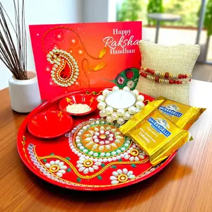 Cherished Rakhi Gift Hamper Set | Includes Rakhi, Pooja Thali, Roli Chawal, Candle, Sweets & Card | Blessings for Raksha Bandhan