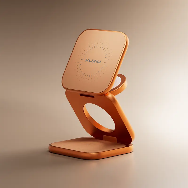 KUXIU X40 Turbo Qi2.2 Certified Alloy Aluminum Alloy 25W Fastcharging Cordless 3-in-1 Folding Wireless Charger Stand - Cosmic Orange, for iPhone 17/16/15/14, iWatch, AirPods, Stable Smartphone Cellphone Electronic Accessory