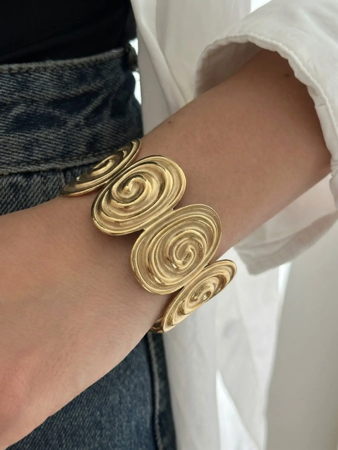 Bohemian Vintage Heavy Stainless Steel Spiral Pattern Open Bracelet, Unique Ethnic Style Jewelry, Durable and Stylish Accessory