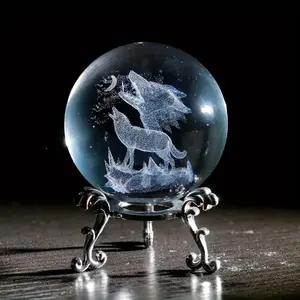 36in 3D Laser Crystal Howling Wolf Figurine Paperweight with Stand - K9 Glass Wolf Moon & Trees Night Sky Scene, Laser-Engraved Spherical Home Office Decor, Unique Birthday Christmas for Men & Women (No Electricity Needed), Decorative Ornament, Natureinsp