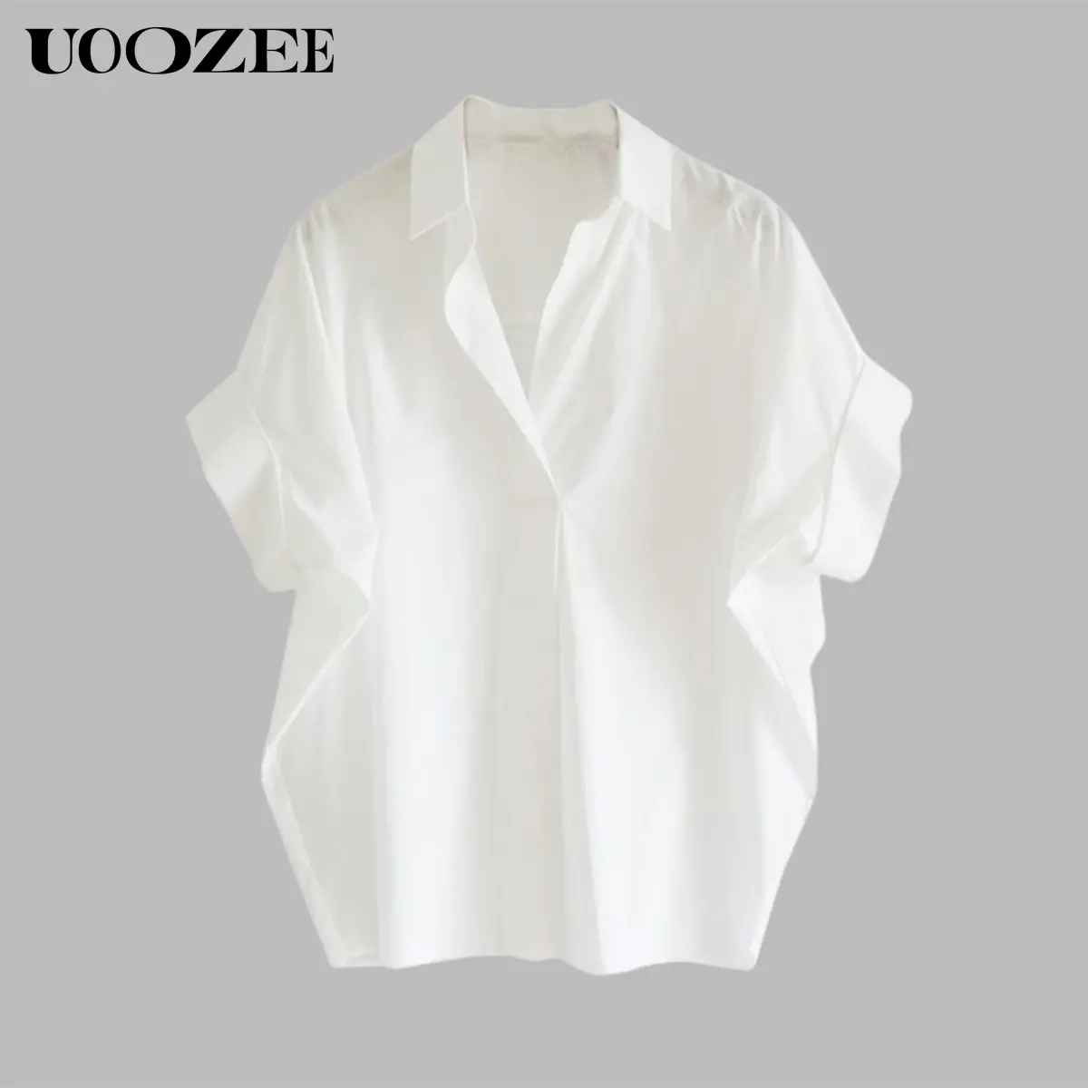 UOOZEE Women's Minimalist Solid Polyester Top, Ready-to-Wear Collared Shirt with Batwing Sleeves, Loose Casual Button-Front, Slightly Sheer,back to school,back to school shopping