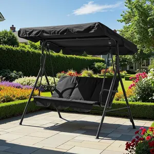 3 Person Black Porch Swing Chair,Outdoor Patio Swing Chair with Adjustable Canopy and Armrests,Breathable Fabric Seat & Backrest,Outdoor Swing for Backyard, Garden,600 lbs Max Load