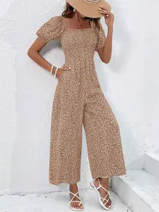 Floral Print Puff Sleeve Bodycon jumpsuit, Short Flounce Sleeves, Elegant One-Piece, Fitted Casual, Perfect for Parties & Events