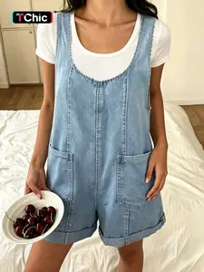 Women's Loose Fit Denim Strap Shorts, Adjustable Casual Belted Shorts, Plain Pattern, All Seasons, Summer, No Elastic Material