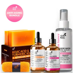 ArtNaturals Anti-Aging Bundle - Kojic Acid Soap & African Net, Vitamin C Serum, Collagen Booster, Rosewater Toner Spray for Radiant Skin Care