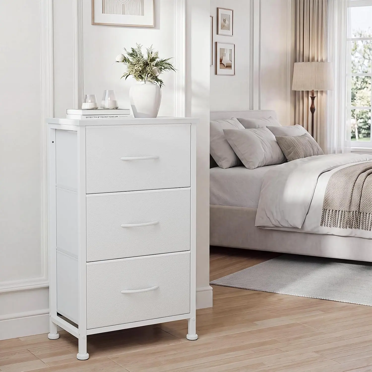 Fabric Dresser Nightstand with 3 Removable Drawer Bins, Small Storage Cabinet with Steel Frame & MDF Top for Bedroom Nursery Dorm Entryway