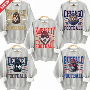 New Retro Style Varsity ALL TEAM FOOTBALL Crewneck Sweatshirt - Gildan ASH GREY , Long Sleeve, Medium Clothing Length - Spirit Animal Football, Sports Home Town, Menswear - BM