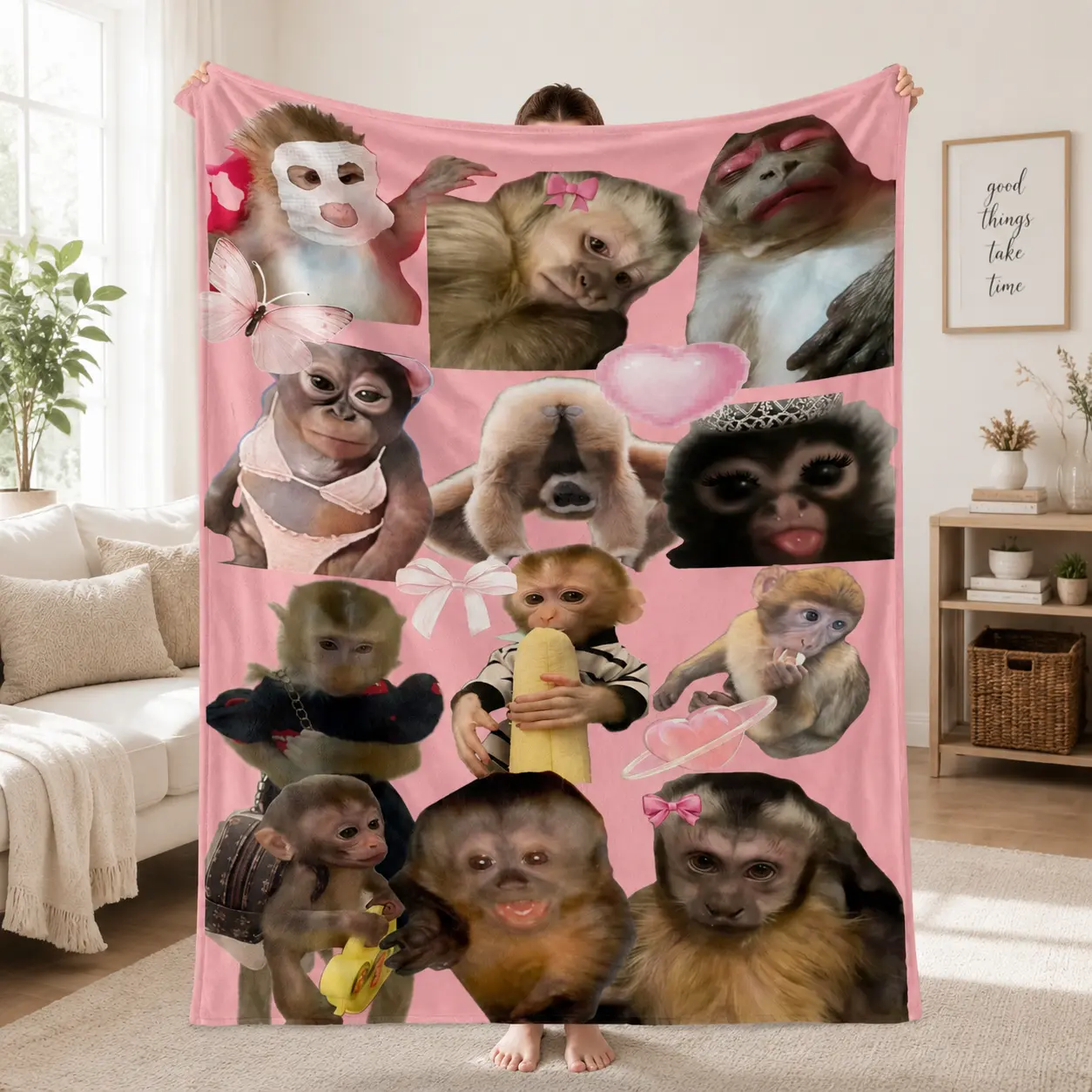 Aesthetic Pink Monkey Throw Blanket, Funny Animal Collage Blanket, Cozy Cute Blanket for Girls Room Home Decor