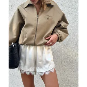 Women's Lace Trim Shorts Summer Fashionable Versatile Casual Elastic Waist Satin Shorts