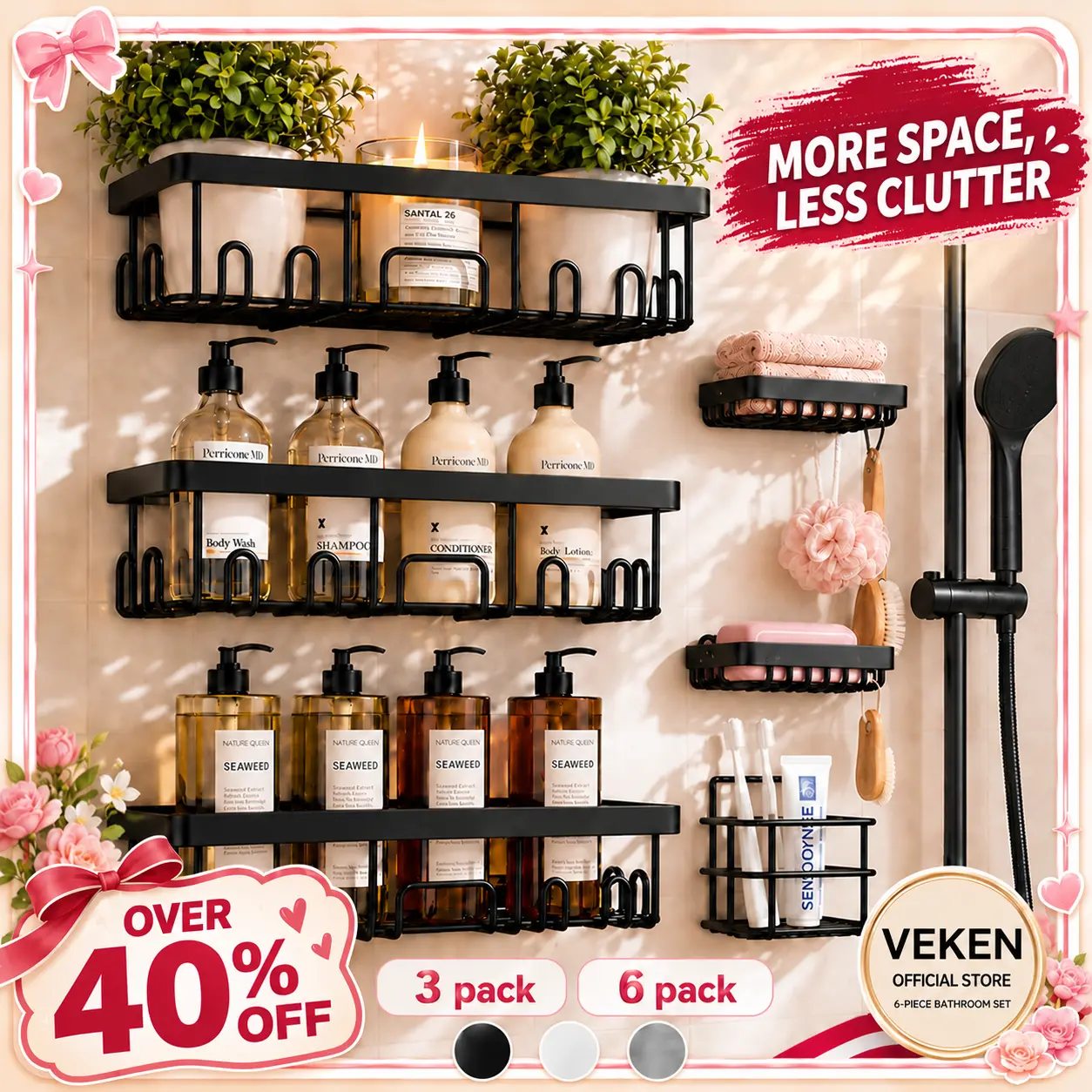 【Veken】 3/6-Pack Life-Changing Rustproof Shower Caddy, Effortless No-Drill Wall Shelves with Soap Holder, End Bathroom Clutter for Good, Multi-use Kitchen & Home Storage
