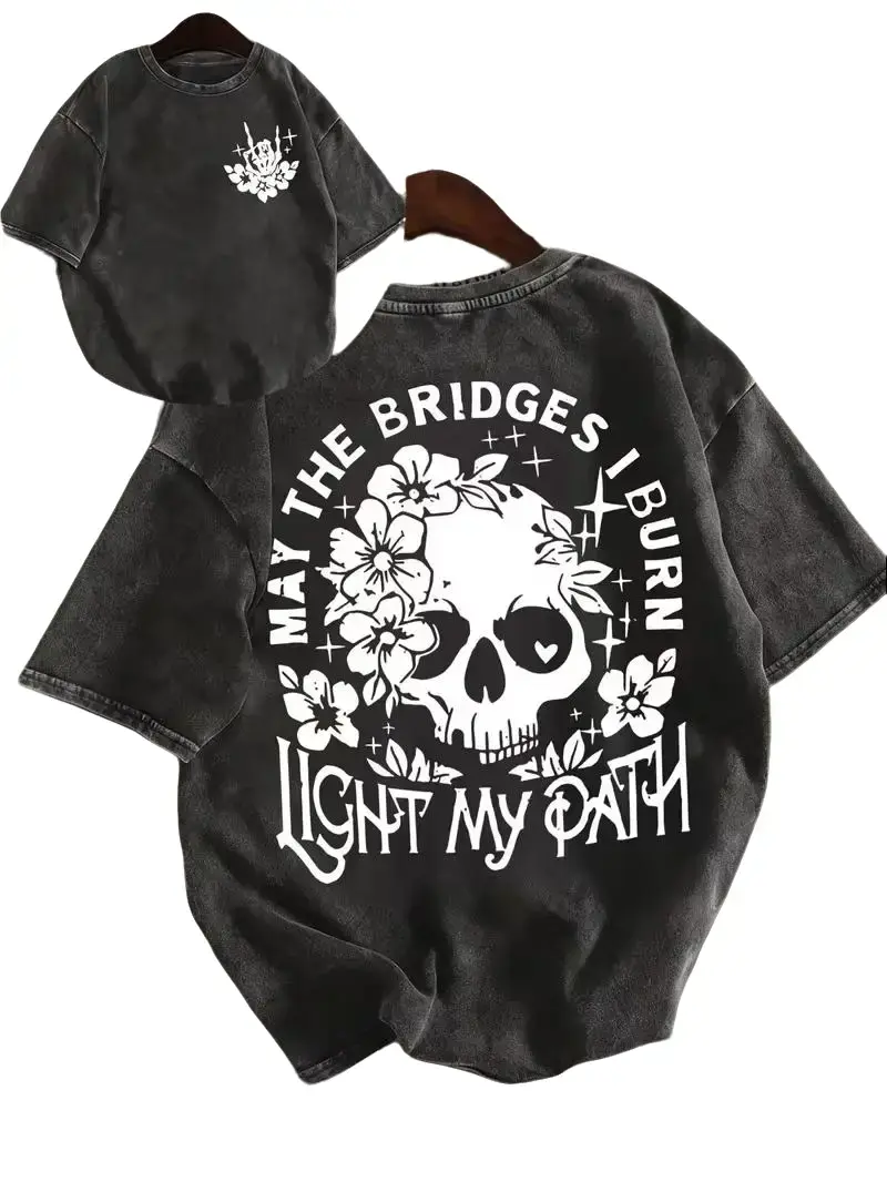 Men's Retro Washed Pure Cotton Round Neck Oversized Short-Sleeve Streetwear Tee - Gothic Top with Skull Graphic, "Bridges I Burn" Quote, Distressed Floral Print, T-Shirt