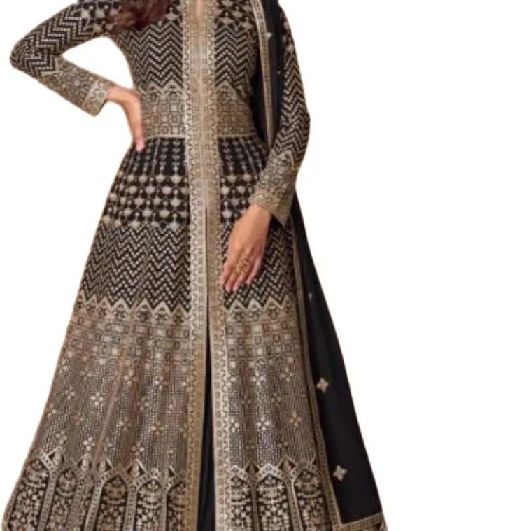 Bridal Long Heavy Embroidery Anarkali Gowns with Dupatta - Red & Orange Color Block Design