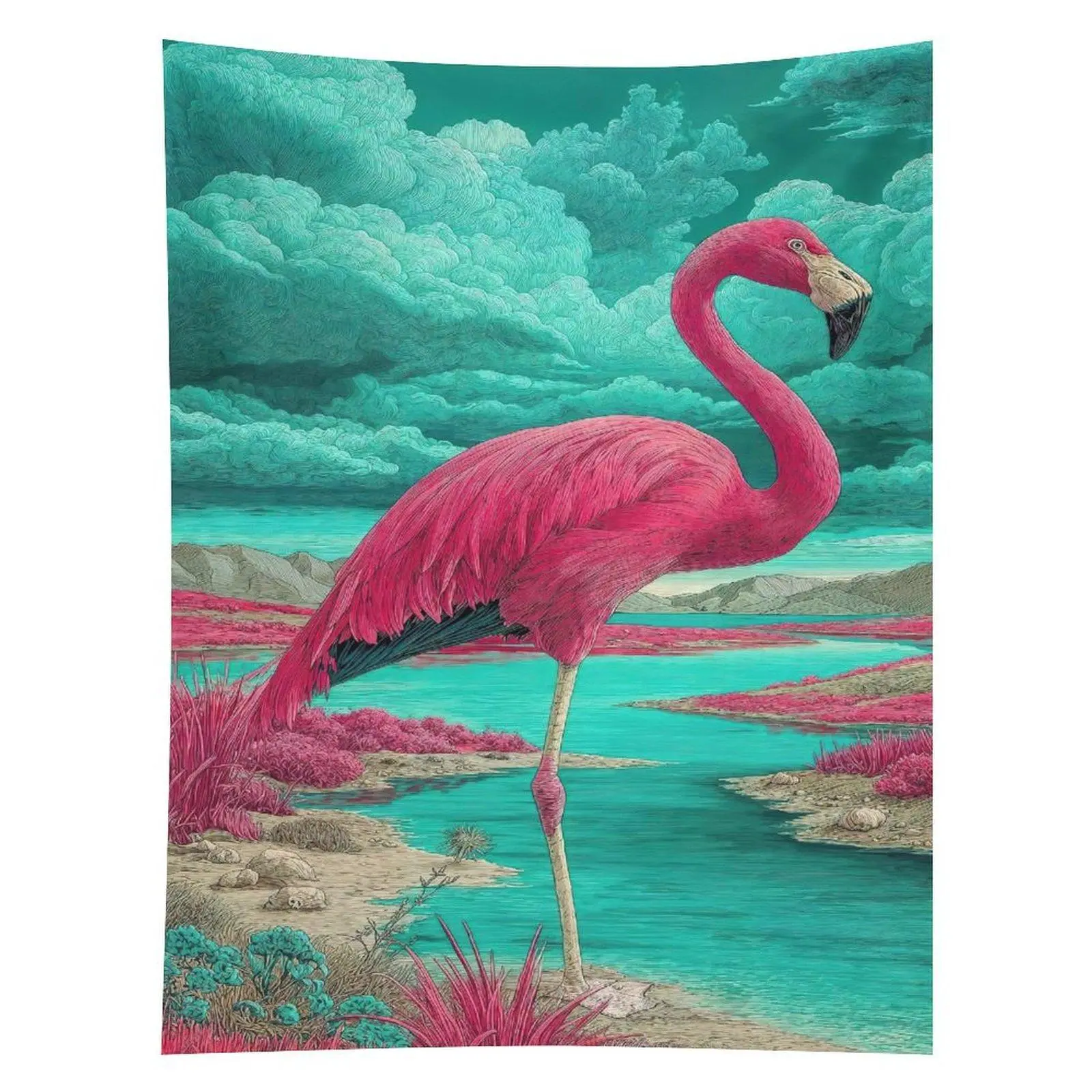 Pink Flamingo Lake Tapestry Teal Tropical Bird Landscape Wall Decor