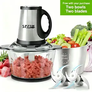 SPZTJK Electric Multi-Function Meat Grinder  for mincing and grinding Comes with 2 bowls (stainless steel and glass) and 2 blades Ideal for vegetables meats dough salads nuts and fresh baby food. BPA-free,dishwasher safe, saves  time For Home .Kitchen Use