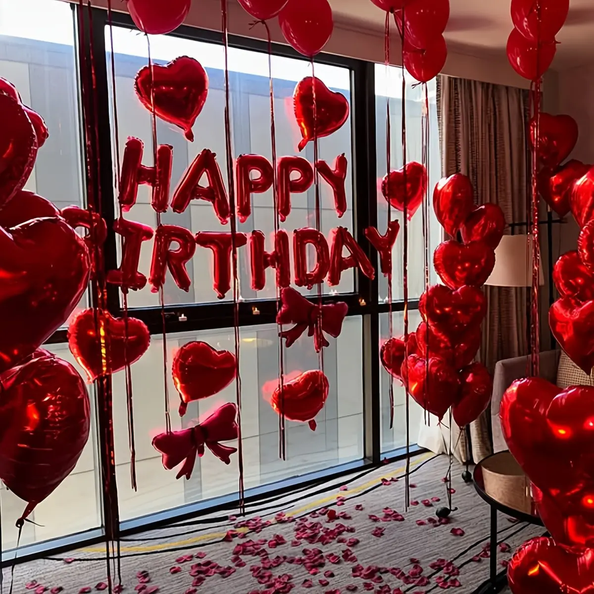 Red Birthday Party Decorations, Happy Birthday Banner and Bow Polyester Film Balloons, Realistic Rose Petals, Heart Shape Balloon Kit, Heart Shaped Balloons