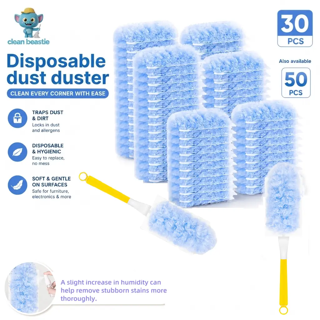 30 Pack Disposable Duster Refills with Handle, Electrostatic Microfiber Dust Cleaner for Furniture, Blinds, Ceiling Fans & Hard-to-Reach Areas | Clean Beastie