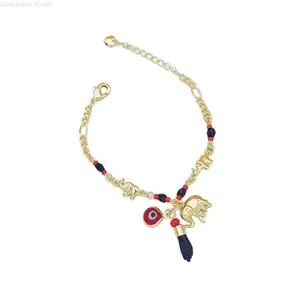 Gold Tone Evil Eye Elephant Charm Bracelet with Red Black Beads for Protection Good Luck and Spiritual Jewelry for Women
