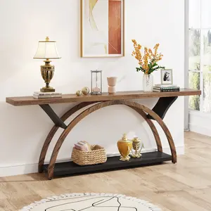 LITTLE TREE 70.87" Console Table with Storage Shelf, Narrow Long Sofa Table Behind Couch Table, 2-Tier Rustic Entryway Table with Half Moon Frame for Hallway Living Room