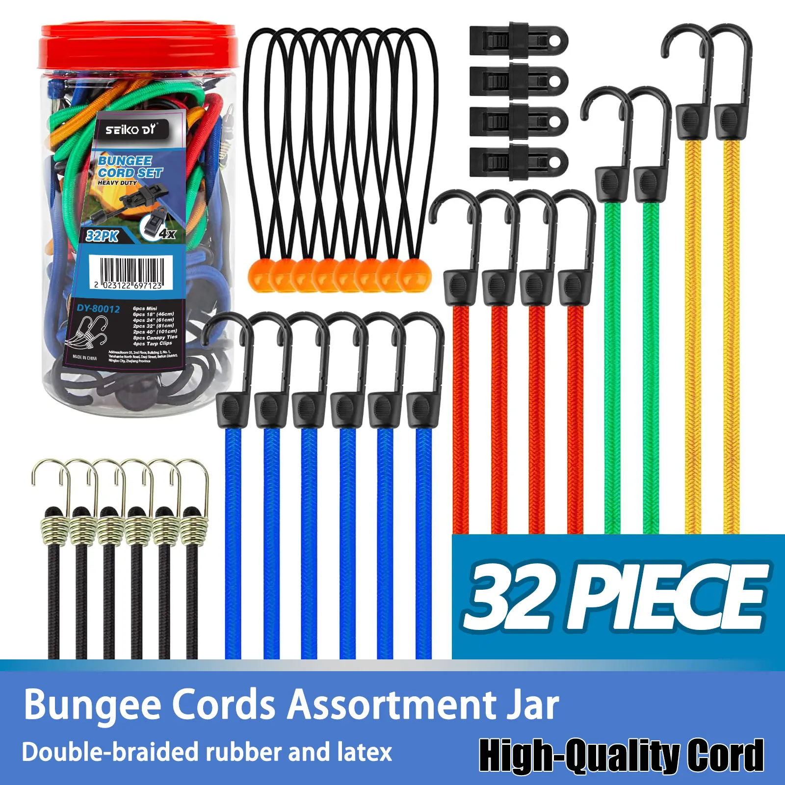 32-Piece Assorted Sizes Elastic Cord Rope Set Jar - Unisex Adult Hardware Kit with 10in,18in,24in,32in,40in Hook-End Bungee Cords,8in Canopy Tarp Ball Ties,Tarp Clips - All-Season Gift