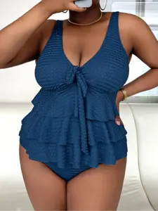 Plus Size Textured Tiered Layer Ruffle Hem Tankini Set, Casual Tie Front Tank Top & Panty Swimsuit Set, Swimming Bathing Suits 2025, Summer Tummy Control Swimwear, Tankini Bottoms Set, Tankini Swimsuits Women
