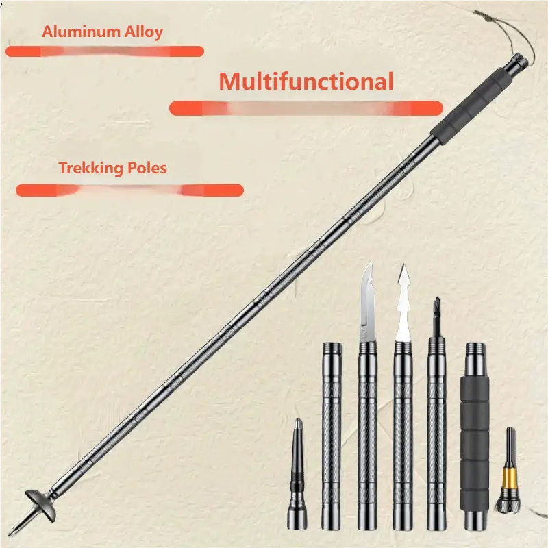 Tactical Carbon Fiber Trekking Pole, 106cm Telescopic 7-in-1 Survival Multi-Tool for Hiking and Light Outdoor Activities, Camping Equipment, Multifunctional, Collapsible Staff Hiking Sticks, Survival Tool, Compact Carry, Firestarter Hiking Sticks