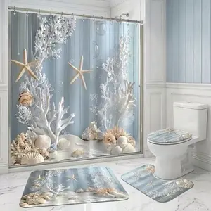 4Pcs Shower Curtain Set Coral Reef, Seashells, Starfish, Bathroom Sets with Rugs, Summer Holiday, Bathroom Decor, Serene Coral Reef With Seashells And Starfish For Coastal Chic Bathroom Vibe