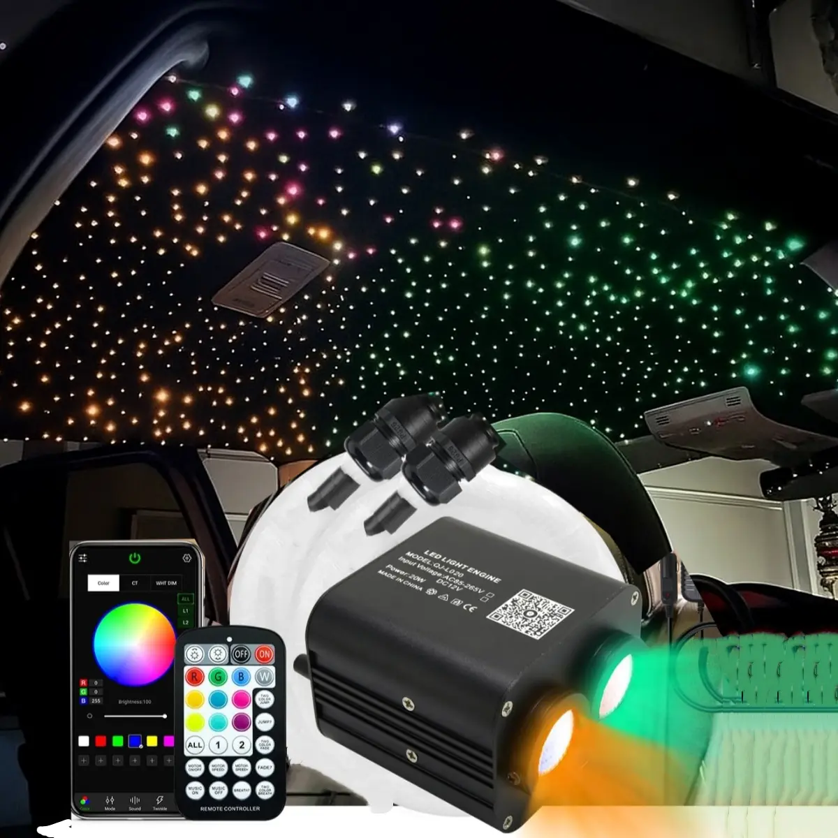 20W Twinkle Dual-Color 800 Starlight Headliner Kit, RGBW Fiber Optic Star Ceiling Light with Music APP & RF Control, LED Ambient Interior Car/Truck Light with Fiberopticbundle, SummerVibe