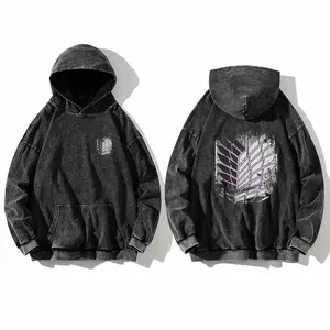 High Street Sweatshirt Women Men Streetwear Black Hooded Pullover- Unisex Vintage Washed Retro Attack On Titan Cotton Washed Hoodie