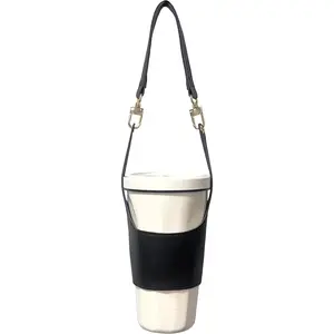 PU Leather Drink Carrier with Hand Strap, Eco Friendly Reusable Adjustable Single Cup Holder for Travel Coffee Cup Hanging Carry, Cruise Drink Caddy & Decorate Your Cup (Black)